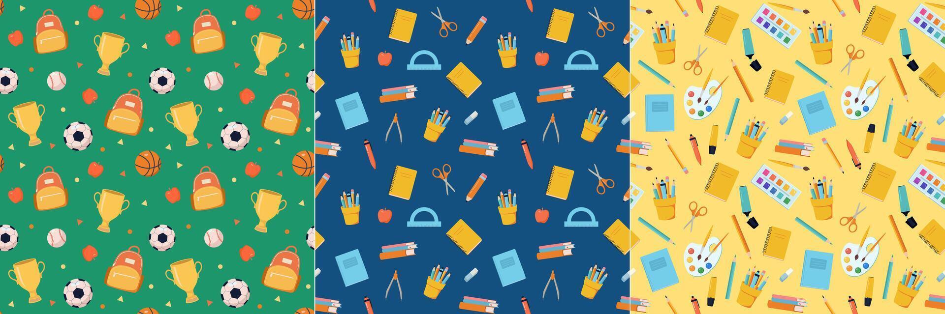 Set of seamless pattern with cartoon school stationery items. Pen, pencil, book, backpack, paint, brush, art, note, football, ball illustration. Education, supply store, sport background. vector