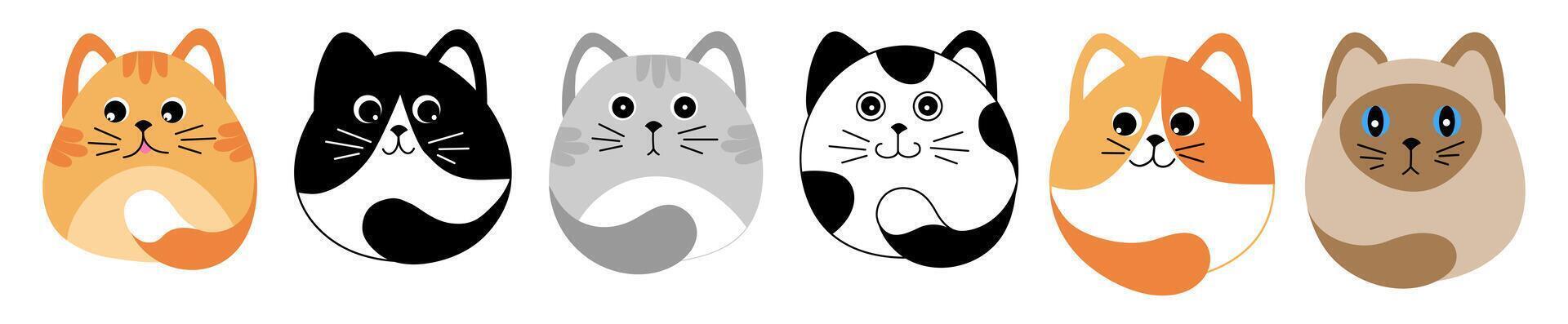 Set cute red, grey, spotted, striped, siamese cats isolated on white background. Illustration for children. vector