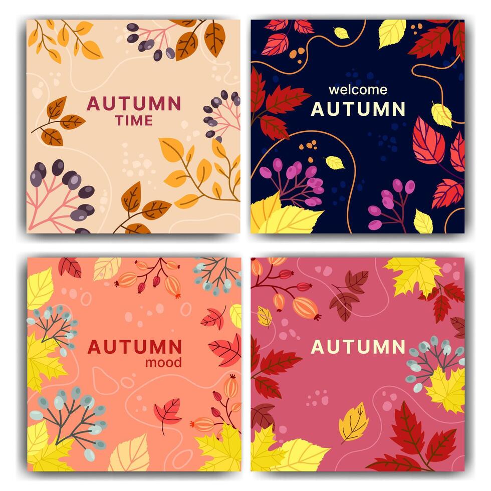 Autumn square background template set with bright beautiful leaves and berries frame design. Template for advertising, web, social media. Autumn floral abstract background collection . vector