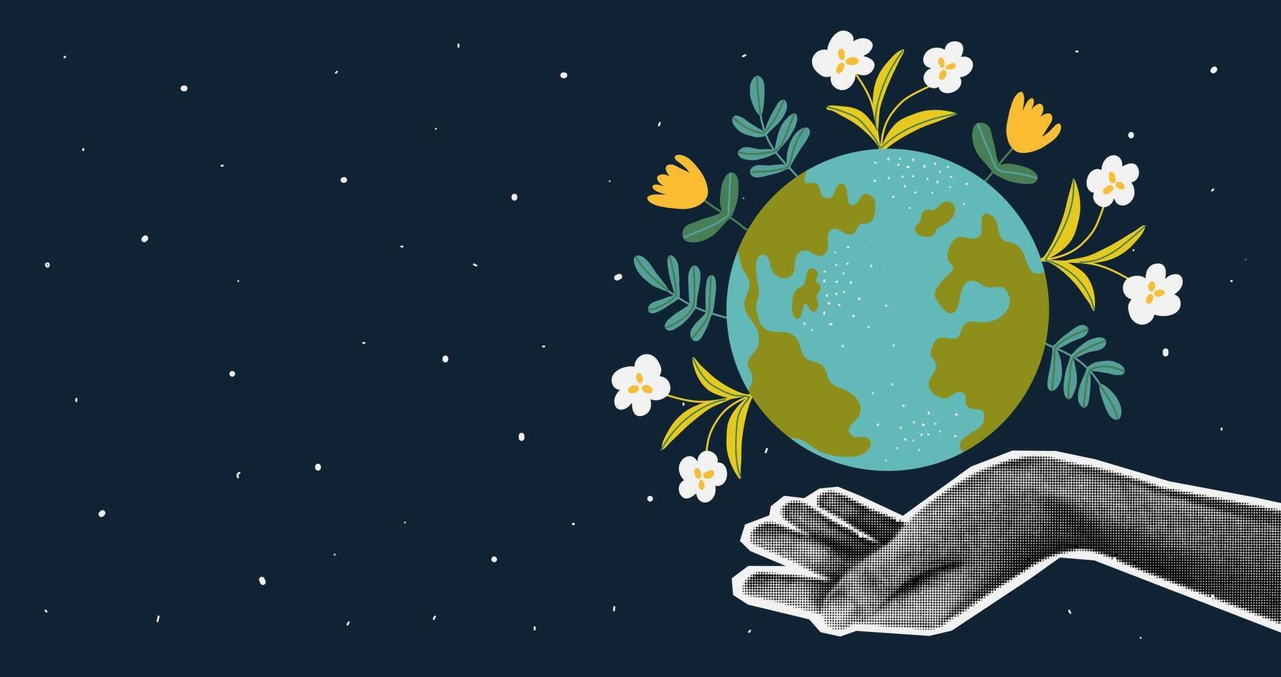 Halftone hand hold Earth with flower. Sustainable and environmentally friendly concept. Ecological illustrations of saving the planet. vector
