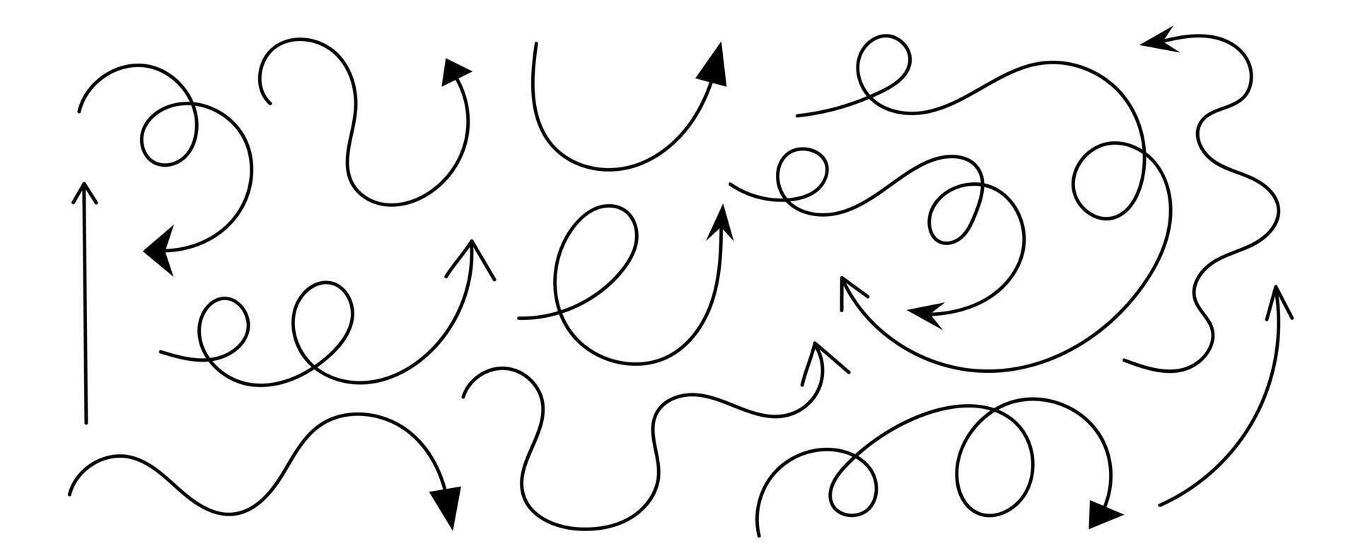 Drawing curly arrows symbol in doodle style. Set of black wavy swirl arrow on isolated background. Design elements vector