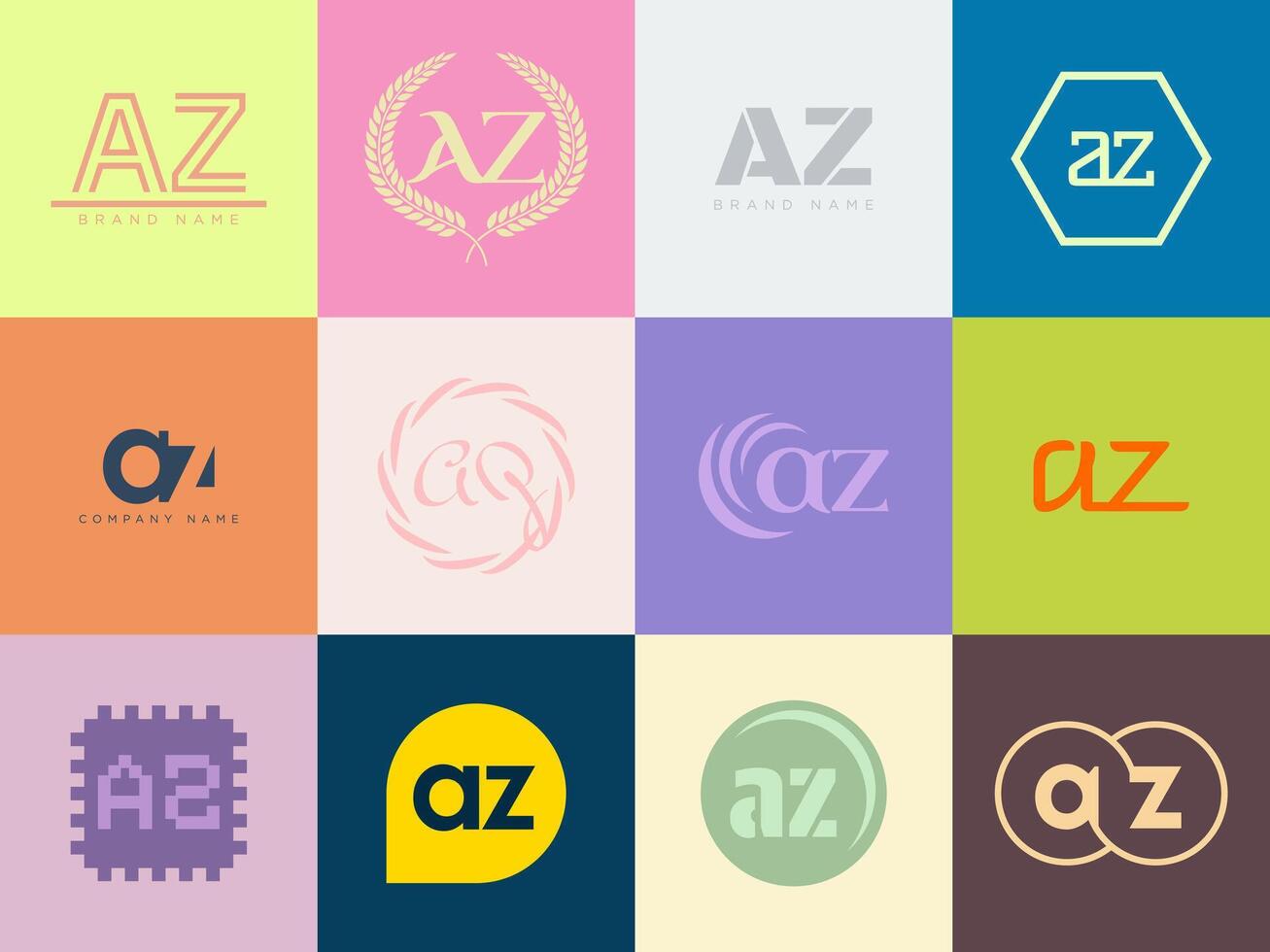 AZ logo company template. Letter a and z logotype. Set different classic serif lettering and modern bold text with design elements. Initial font typography. vector