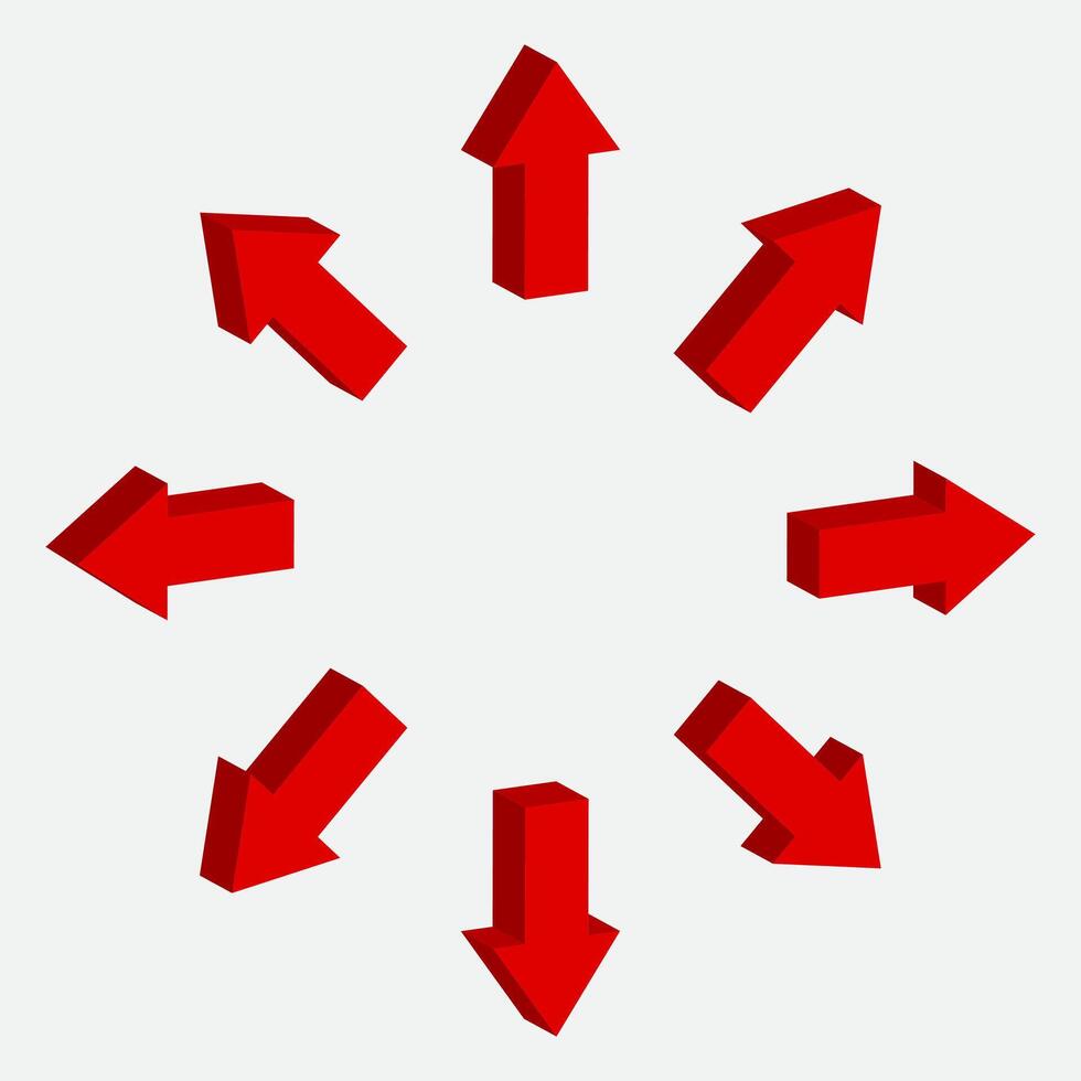 3d arrow sign . Right, down, up and down symbol. Red pointer collection. vector