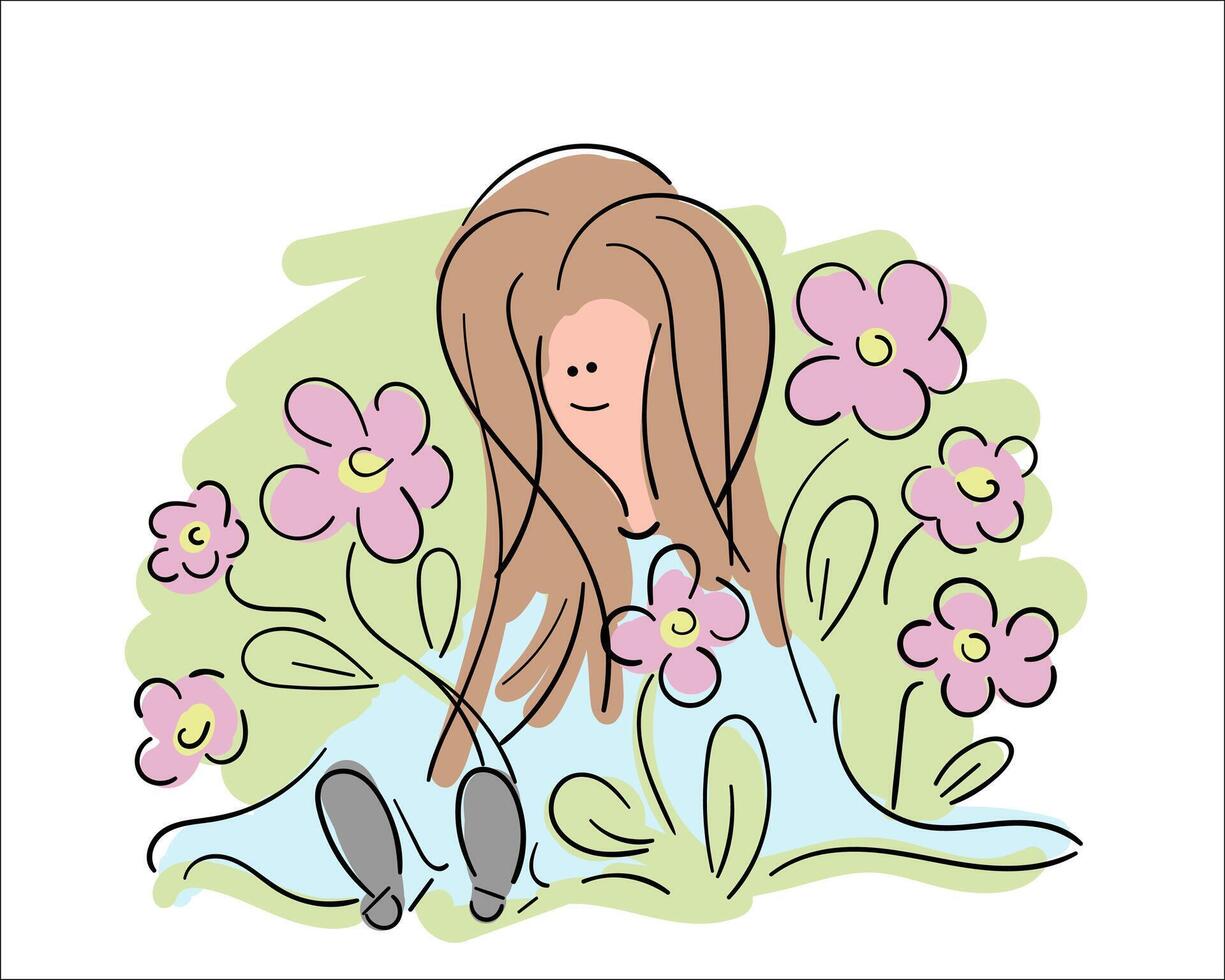 Girl in garden, beautiful hand drawn illustration. Happy young woman around blossom flower, sketch design. vector