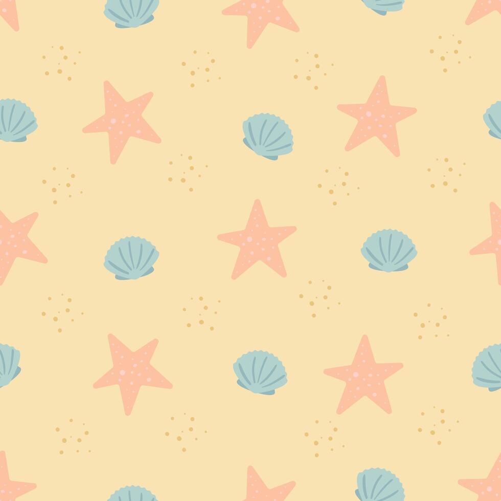 Tropical beach simple seamless pattern. background with starfish and seashells on the sandy shore. vector