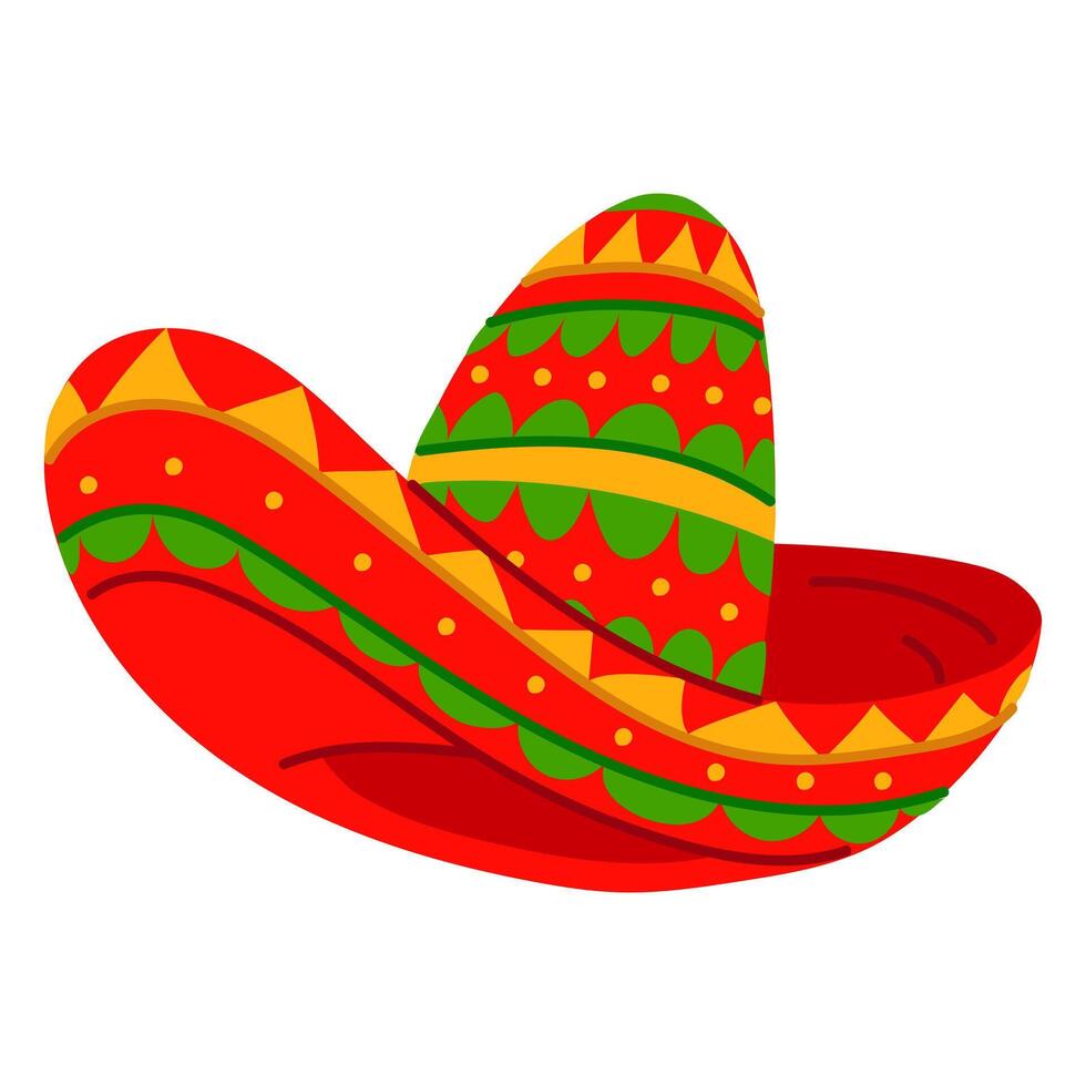 Mexican sombrero hat on an isolated white background. flat illustration of national Mexican clothing. A large conical crown and usually with the edges of the fields rounded up. Drawn sideways vector