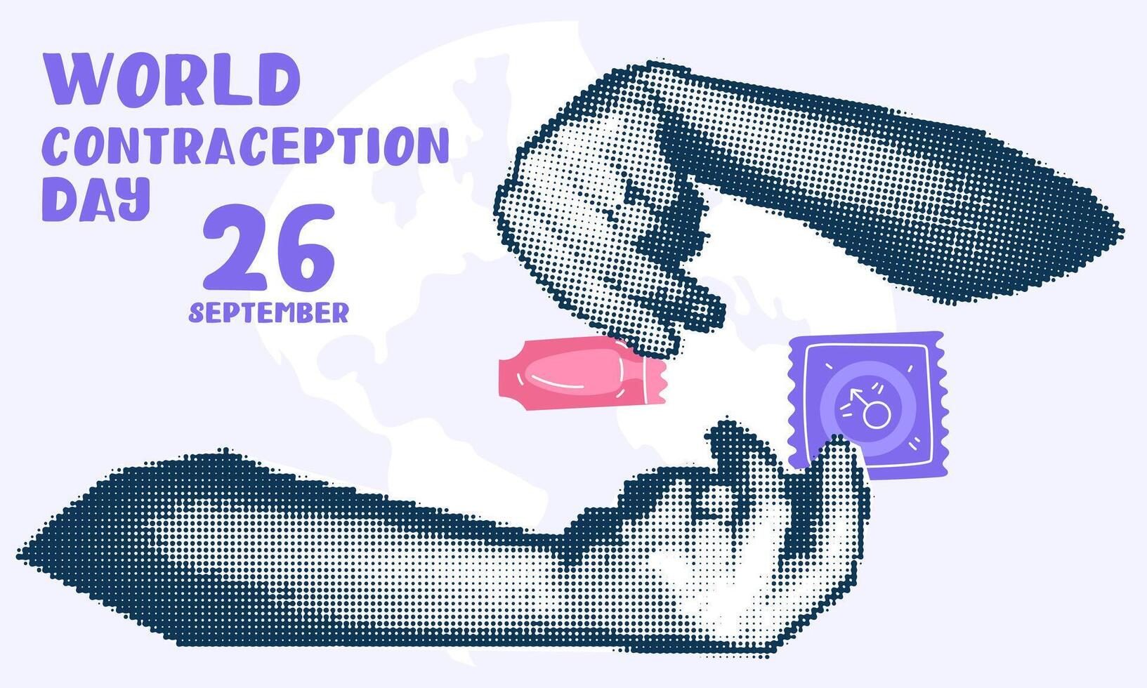 Hands holding contraceptives, a collage pop art grunge. World Contraception Day. Hands holding a flat condom and suppositories against each other, September 26, made in a halftone style dots vector