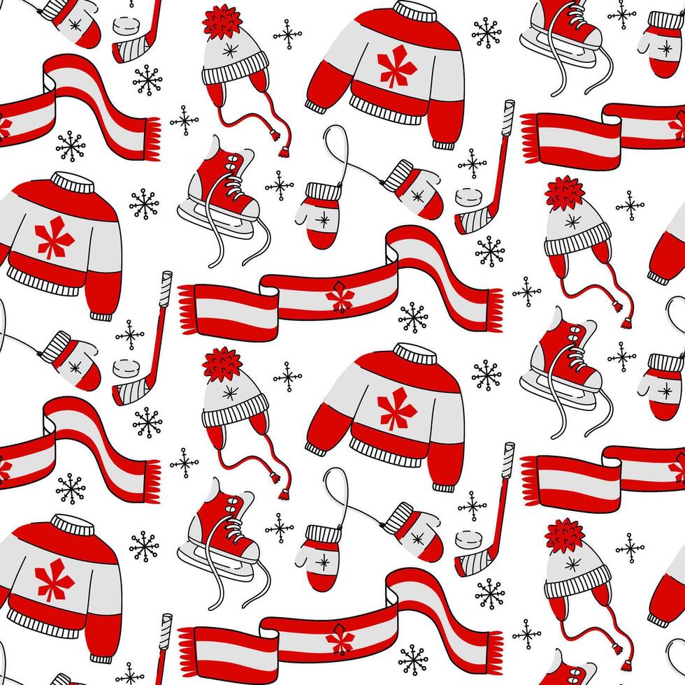 A pattern with winter sports items in Canadian colors. Hockey skates, a stick with a puck, a sweater, a scarf, a hat and mittens. The elements are made in red and white tones, around snowflakes vector
