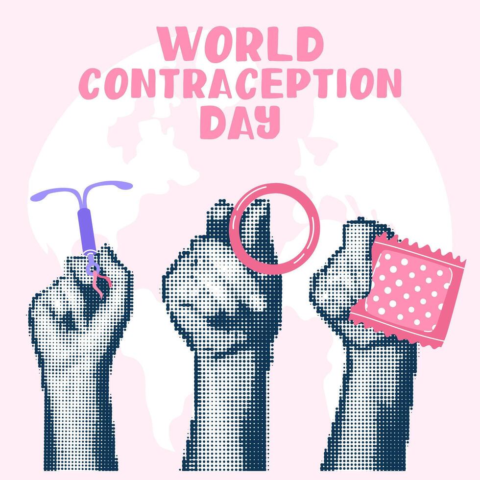 Hands holding contraceptives, collage in the style of pop art grunge. World Contraception Day, September 26, is made halftone style using dots. Hands holding iud, ring, bandage different poses vector