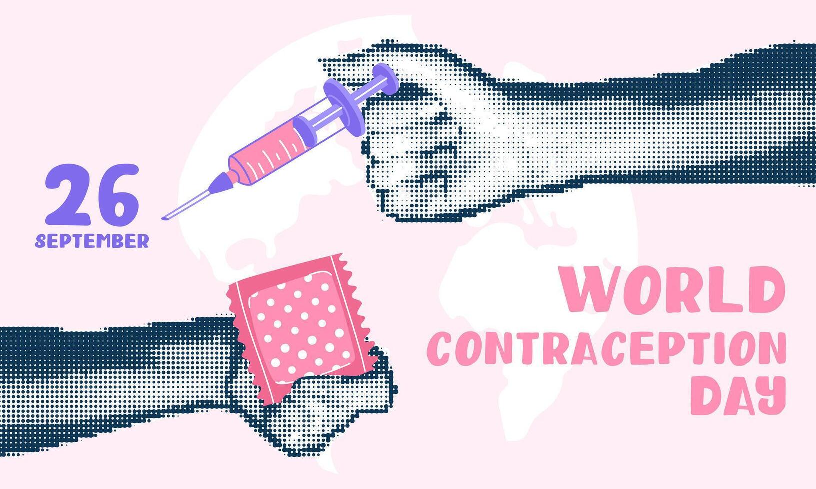 Hands holding contraceptives, a collage pop art grunge. World Contraception Day. Hands holding a flat patch and a syringe against each other, September 26, made in a halftone style using dots. vector