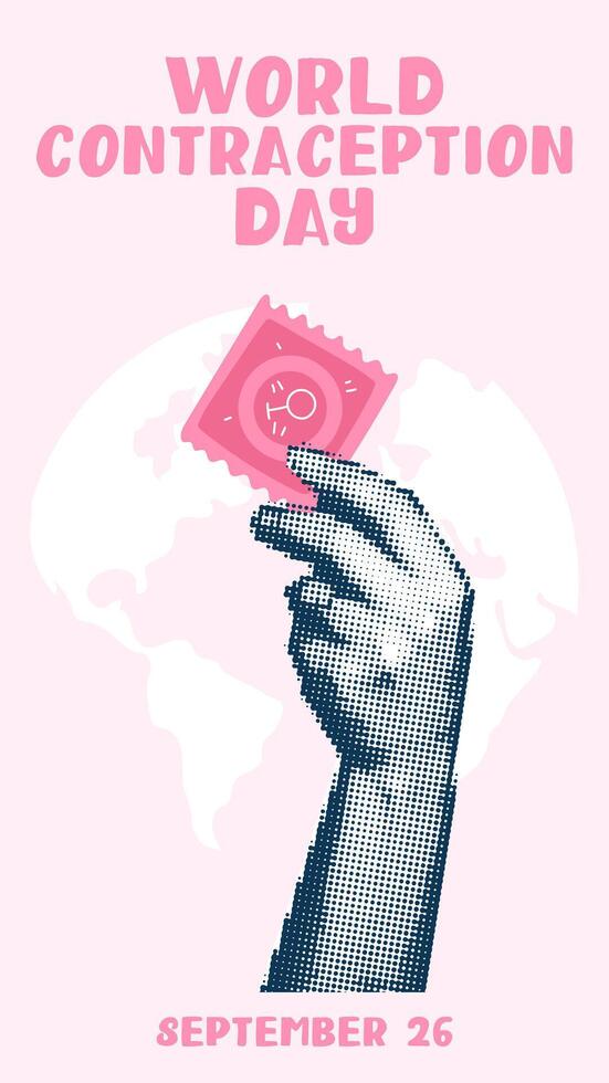 Hands holding contraceptives, a collage in the style of pop art grunge. World Contraception Day, September 26, is made in a halftone style using dots. Hands holding a flat pink condom vector