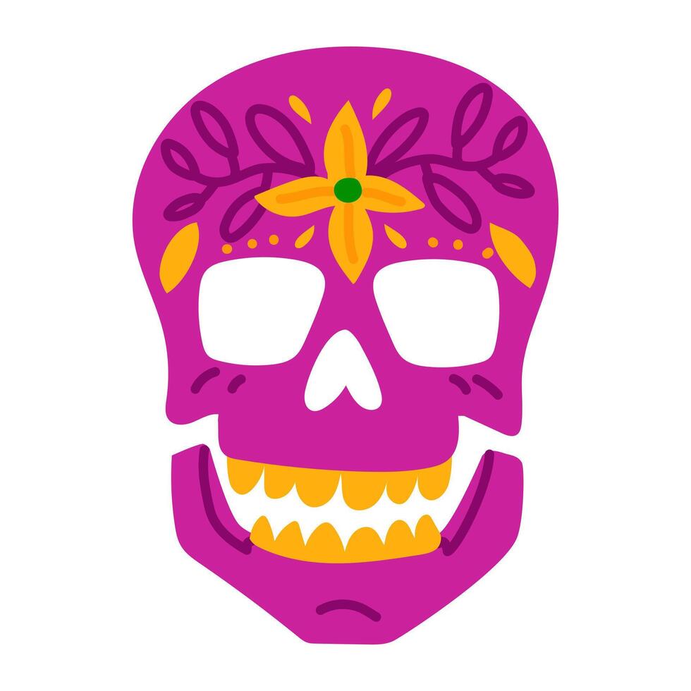A Mexican painted skull for the Day of the Dead holiday. A skull with drawings of flowers. A cute flat illustration is isolated on white. Mexican style and theme, holiday, event, traditions vector