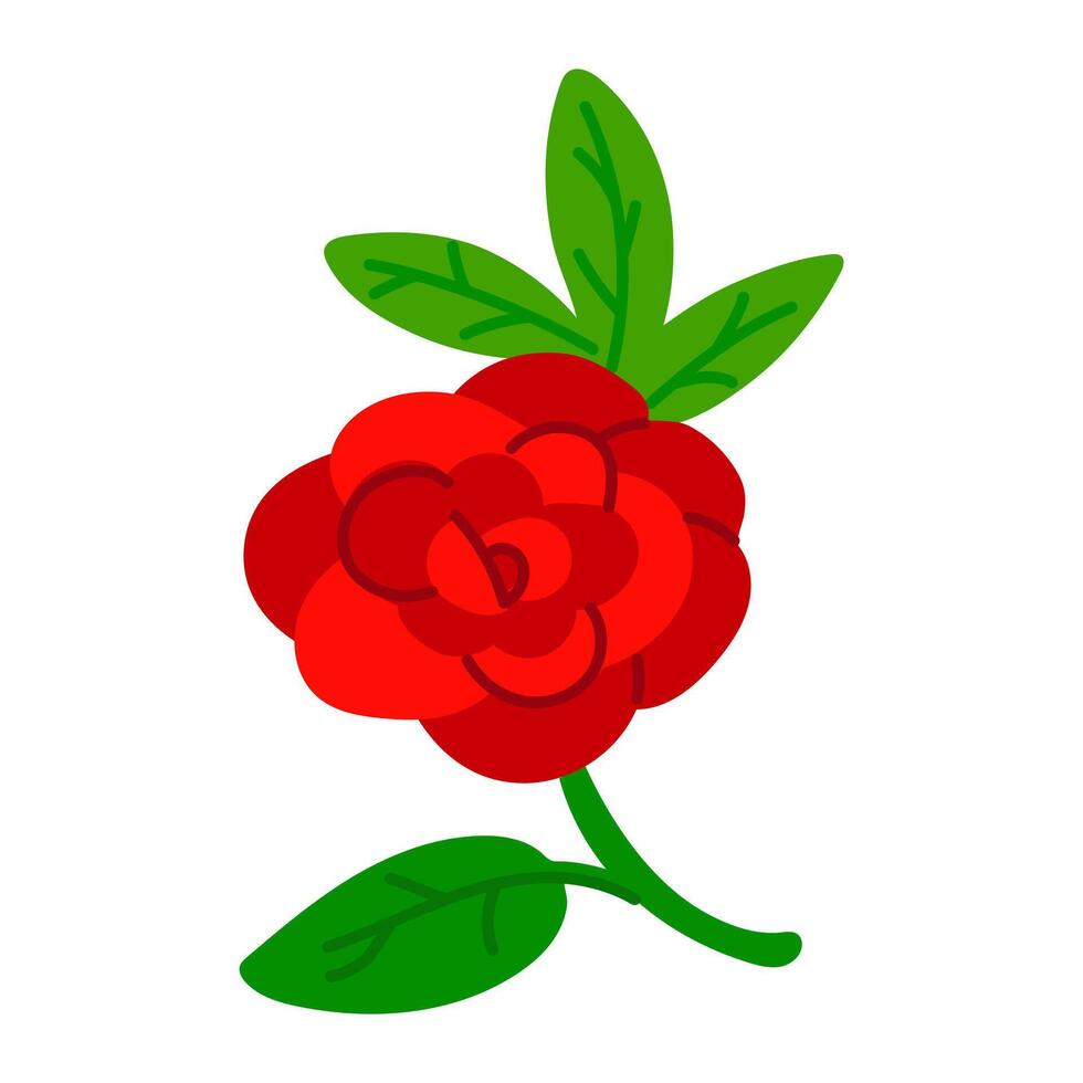 A beautiful red Mexican zinnia flower highlighted on a white background. A large bud and an inflorescence on a stem with green leaves. Botanical flat illustration in bright colors isolated vector
