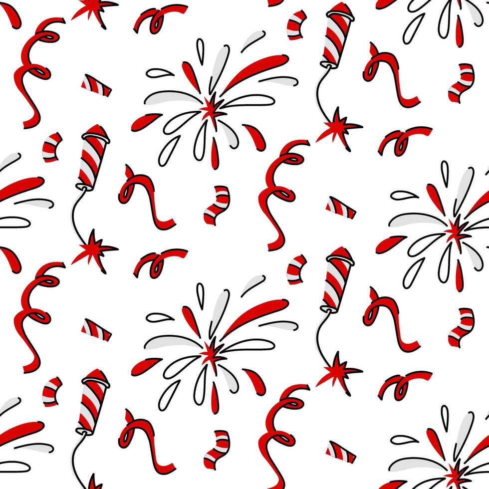 Seamless pattern with fireworks, confetti in the festive theme of Canada. flat illustration depicting festive objects in red tones, symbolizing the holiday dedicated to Canada Day, on a white vector