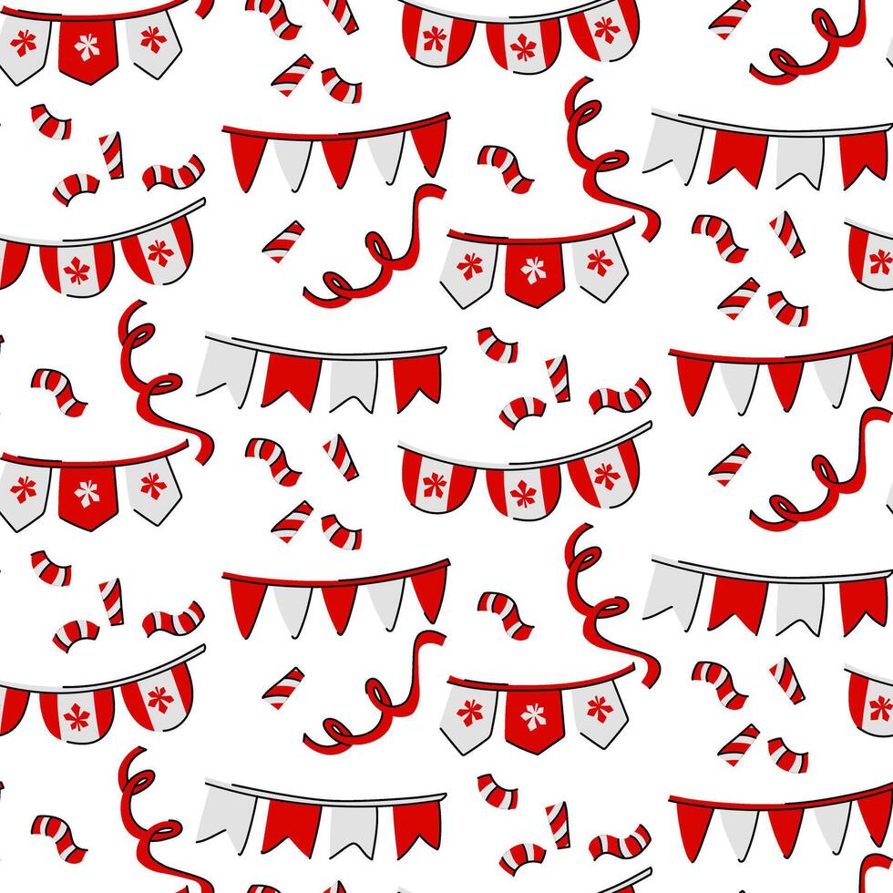 Seamless pattern with flags, fireworks, confetti of the festive theme of Canada. flat illustration for the symbols of a clover leaf in red colors of the Canada Day themed holiday on white vector