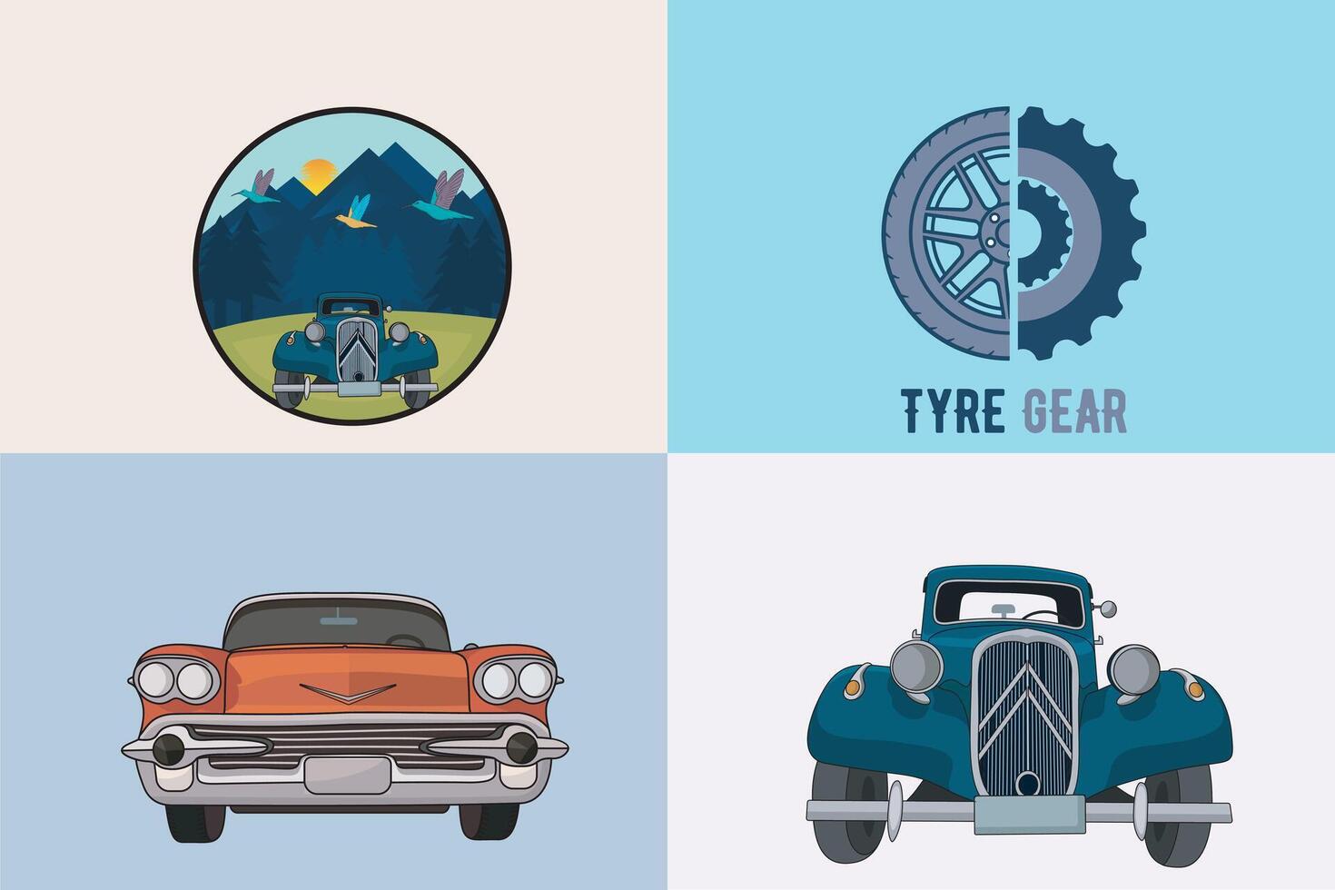 Collection of Adventure cars with Front view classic car and Wheel and gear illustration. vector
