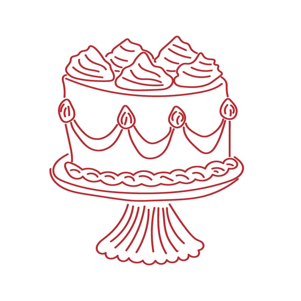 Delicate tasty cake on a stand. Perfect for card of birthdays, weddings, anniversary. Modern trendy doodle style vector