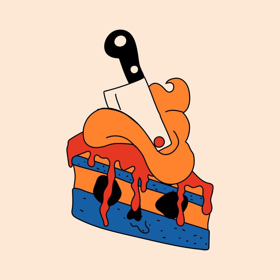 Cute, scary Halloween cake with a knife cartoon character, drawn in a hand drawn sticker style vector