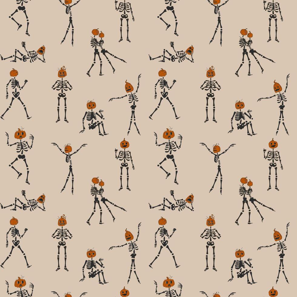 Seamless pattern with Funny Skeletons with a pumpkin head. Cute character Skeleton Bones vector