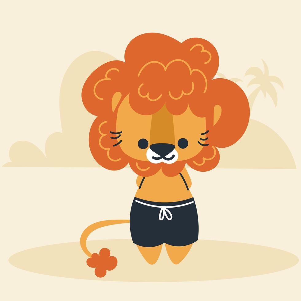 Cute kawaii lion on beach in cartoon, flat, doodle, simple style. Design element for posters, postcards, greeting cards, wallpapers, children's clothes, fabrics, t-shirts, logos vector