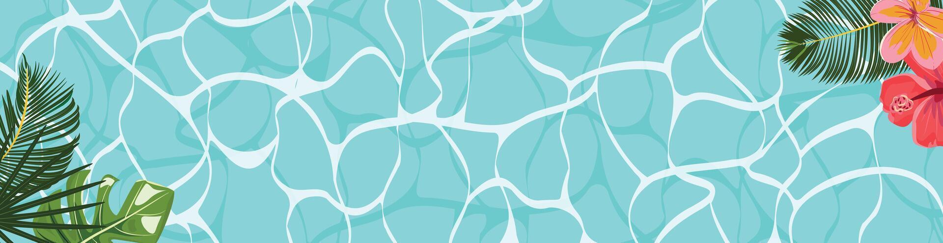 Tropical themed water banner featuring palm leaves and vibrant flowers over a serene water surface vector