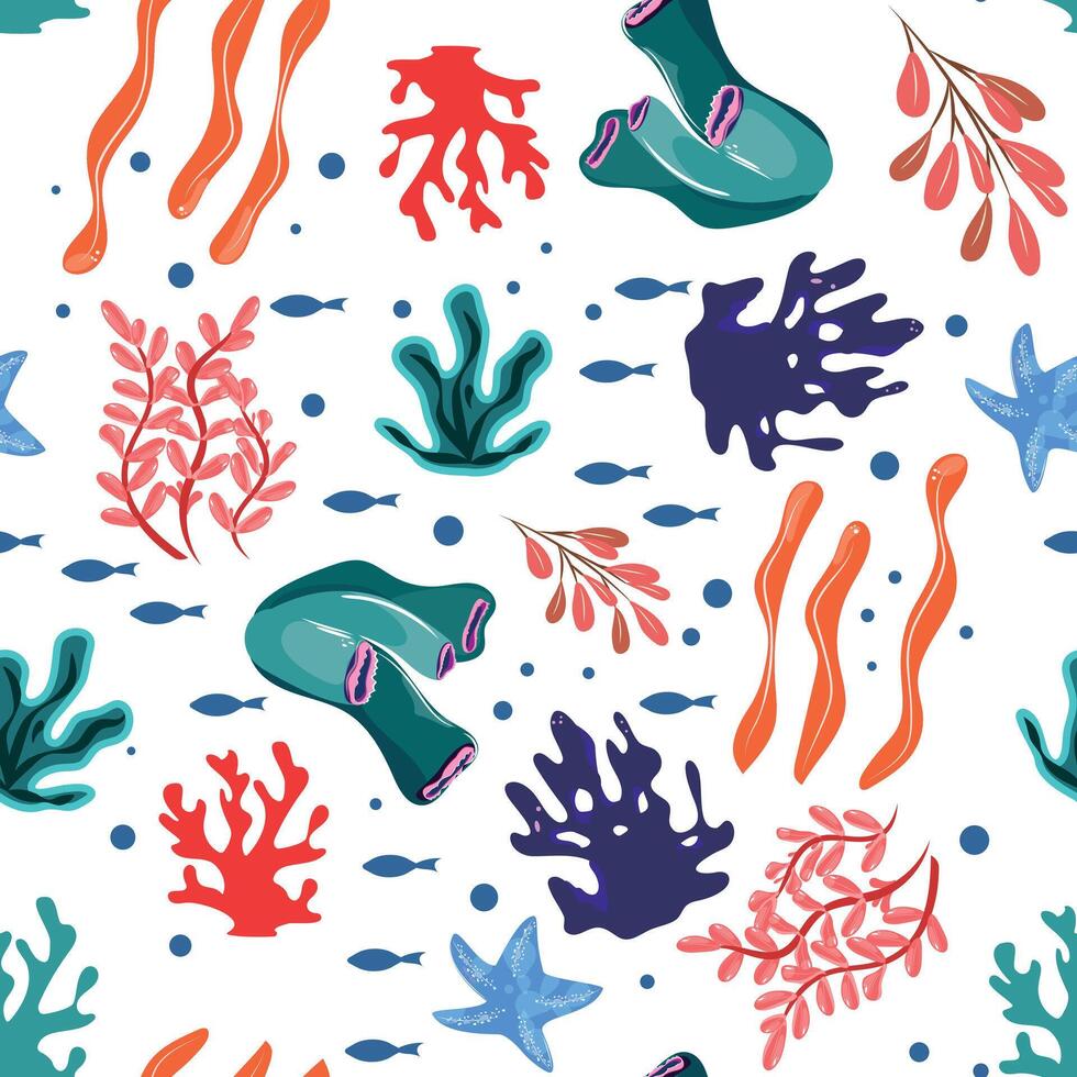 Underwater inspired seamless pattern with coral reefs, seagrass and blue starfish on a vibrant background vector