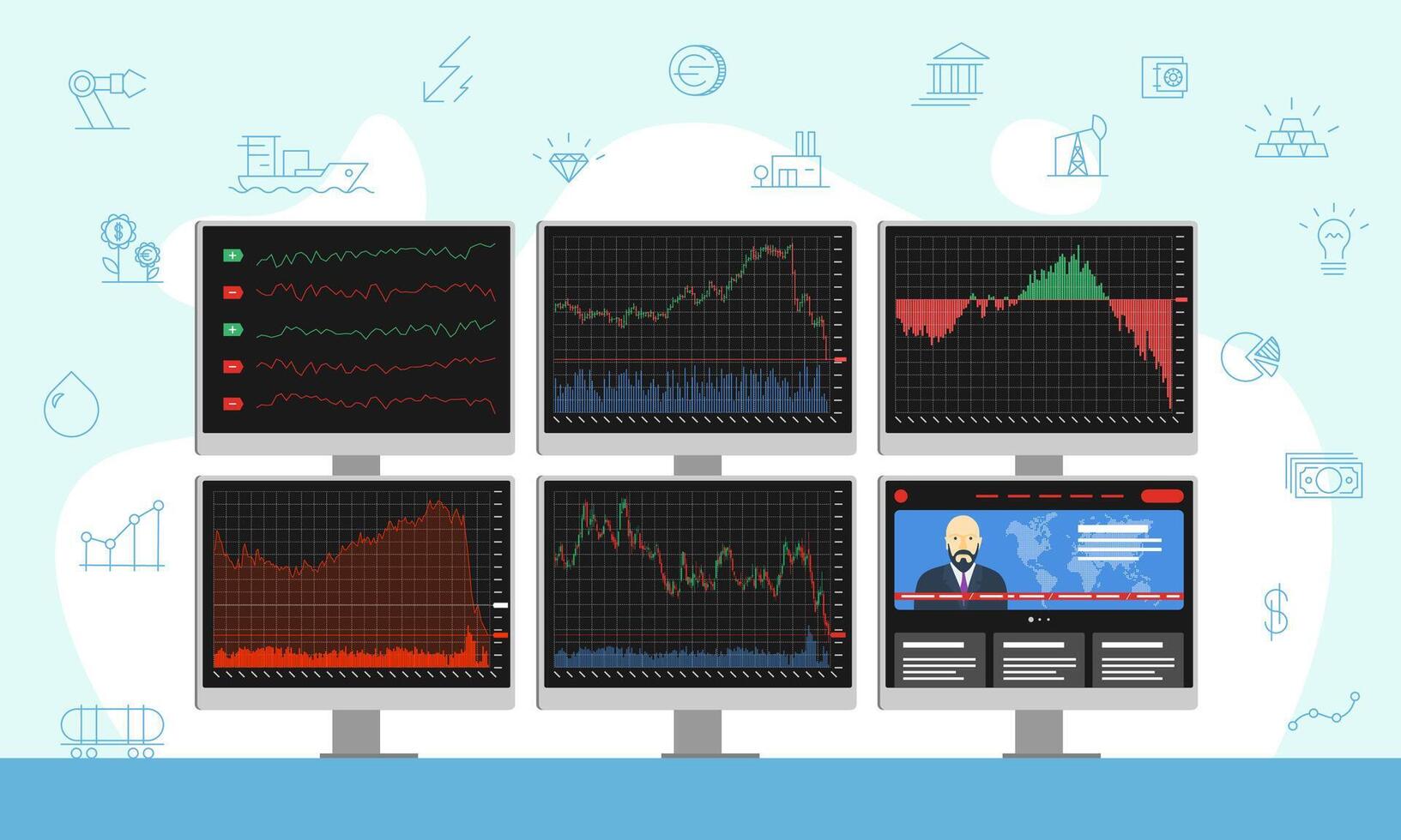 Stock market trader multiple computer monitors with moving down financial charts and news. Business analysis downtrend graphs. Broker exchange trading workplace. Financial index diagrams falling. Eps vector
