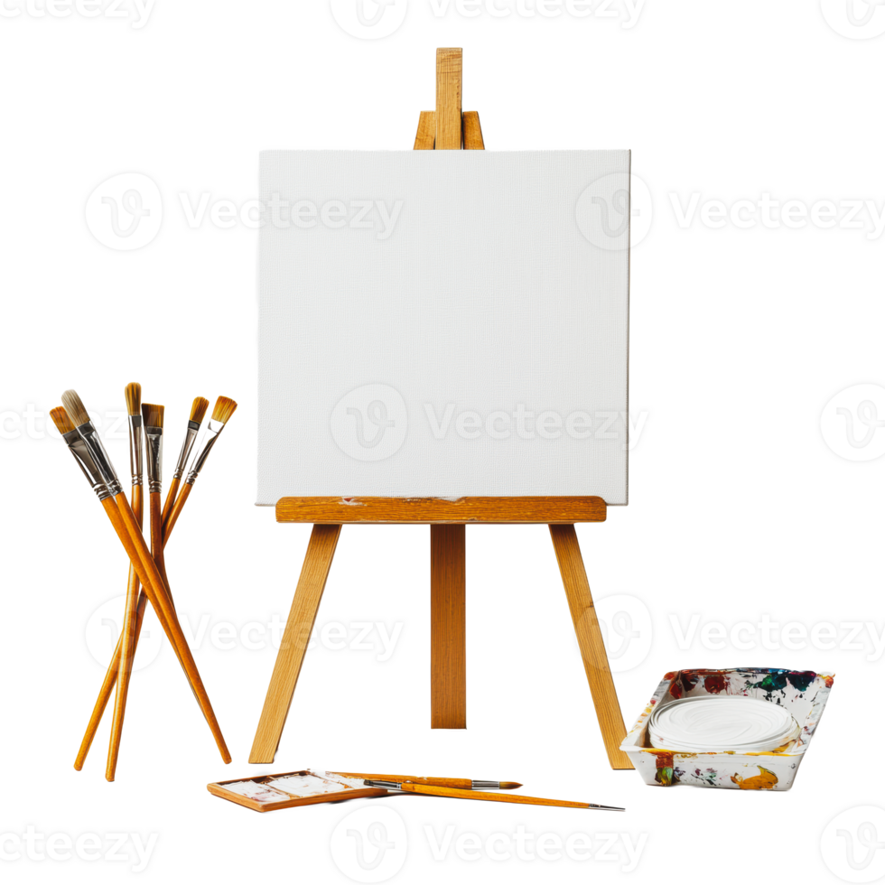 Blank canvas on easel with art supplies ready png