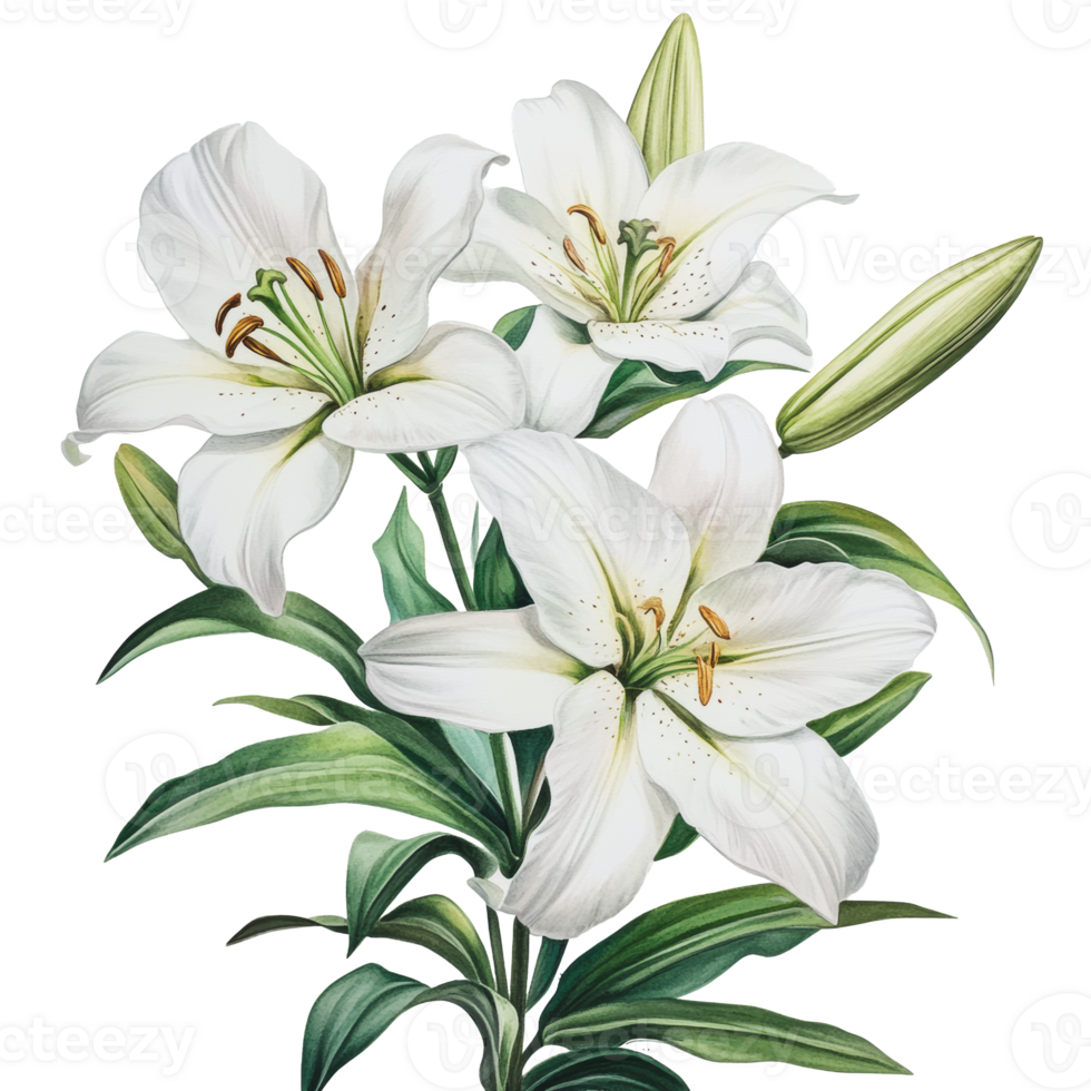 White lilies blooming with green leaves png