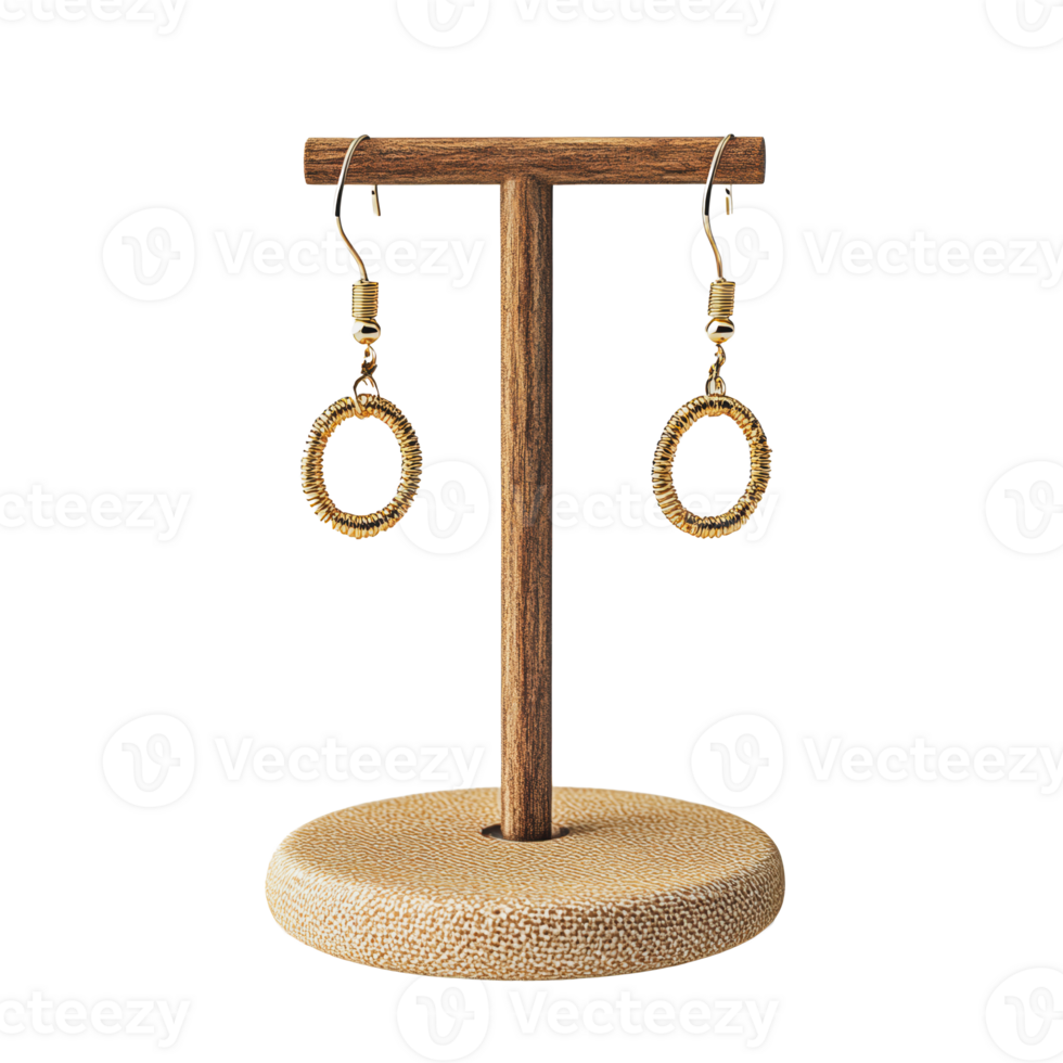 Elegant gold hoop earrings displayed on stand png