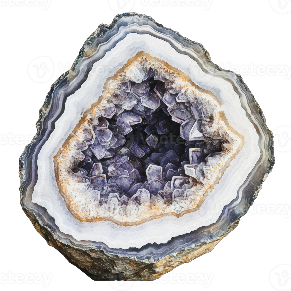 Amethyst geode with quartz crystals on display png