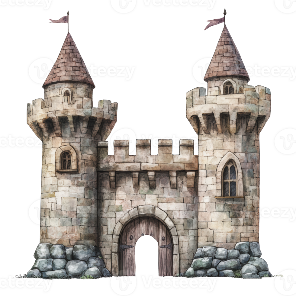 Medieval castle illustration with towers and gate png