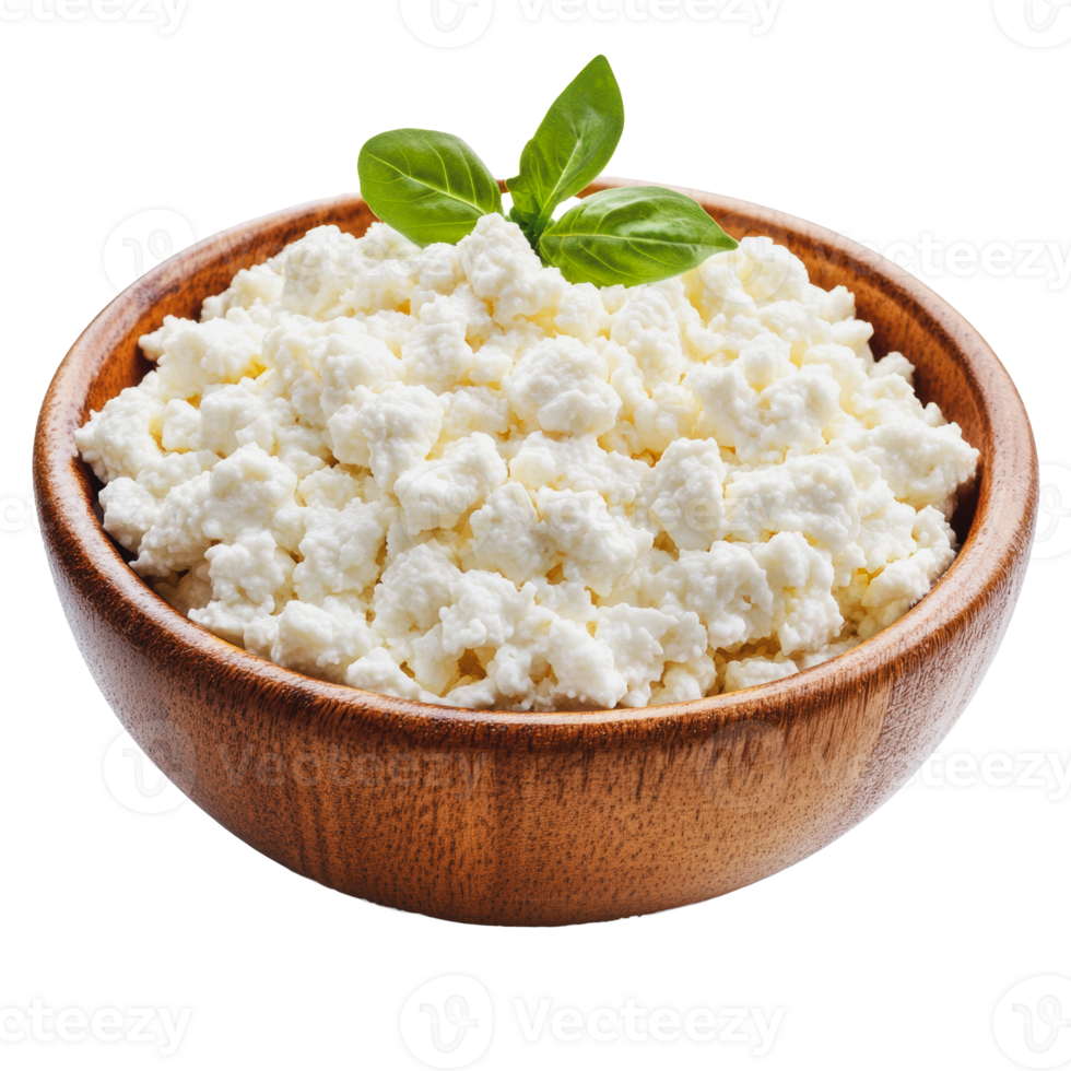 Fresh cottage cheese in a wooden bowl with basil png