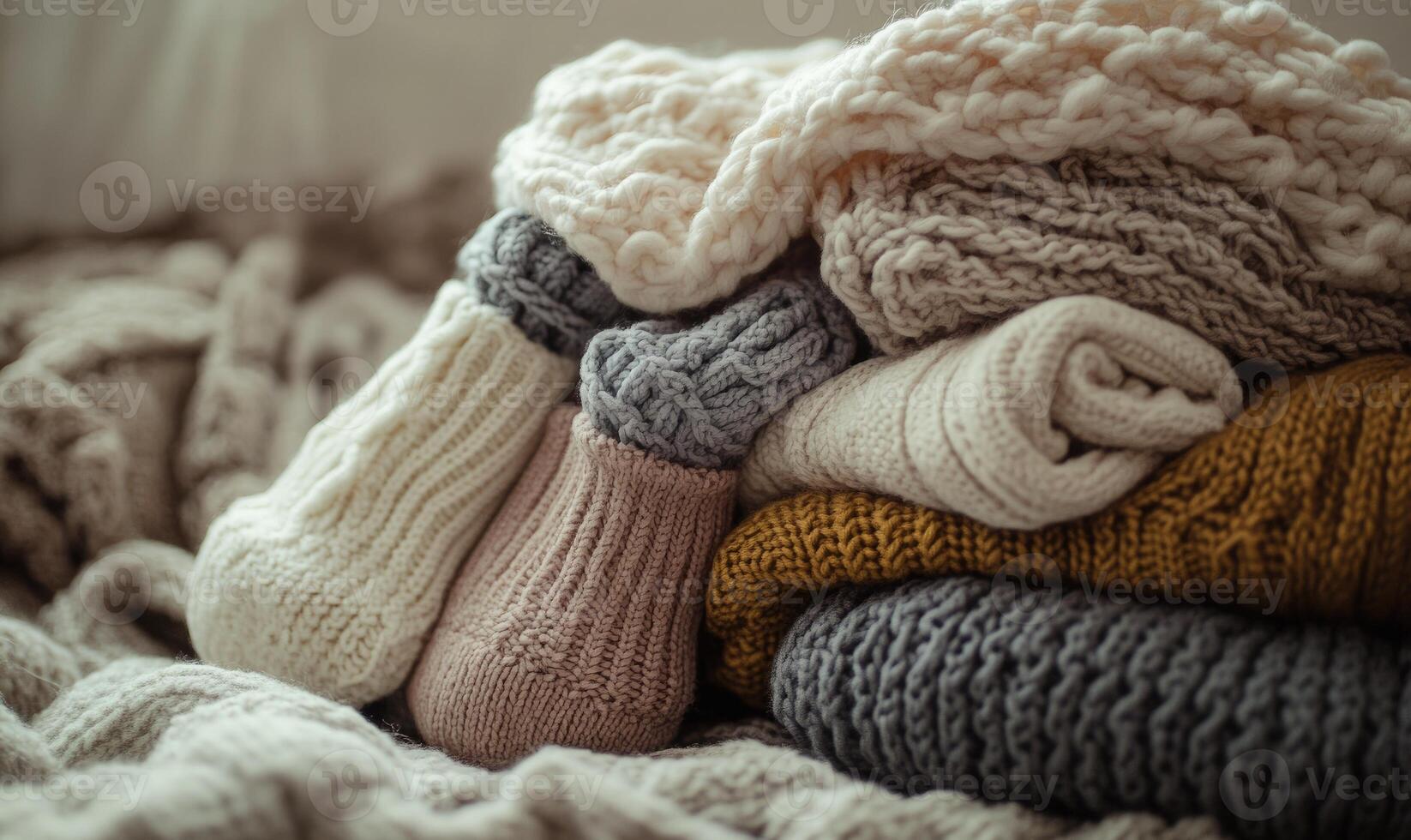 Chunky knitted blankets and cozy socks in soft colors photo