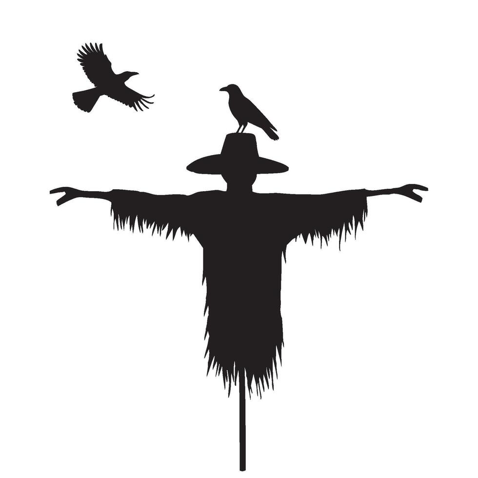 Flat silhouette of scarecrow icon, Crow flying Halloween concept vector