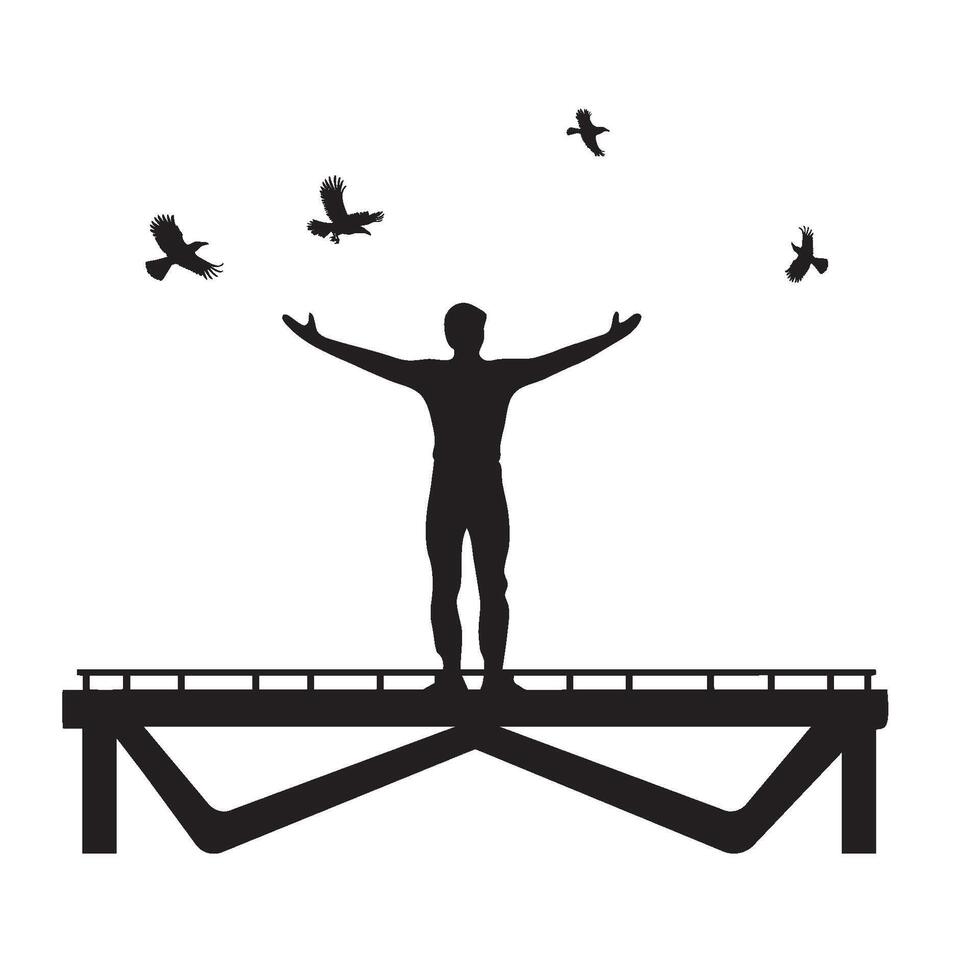 A person in Bridge lifted an open arm crow flying around silhouette vector
