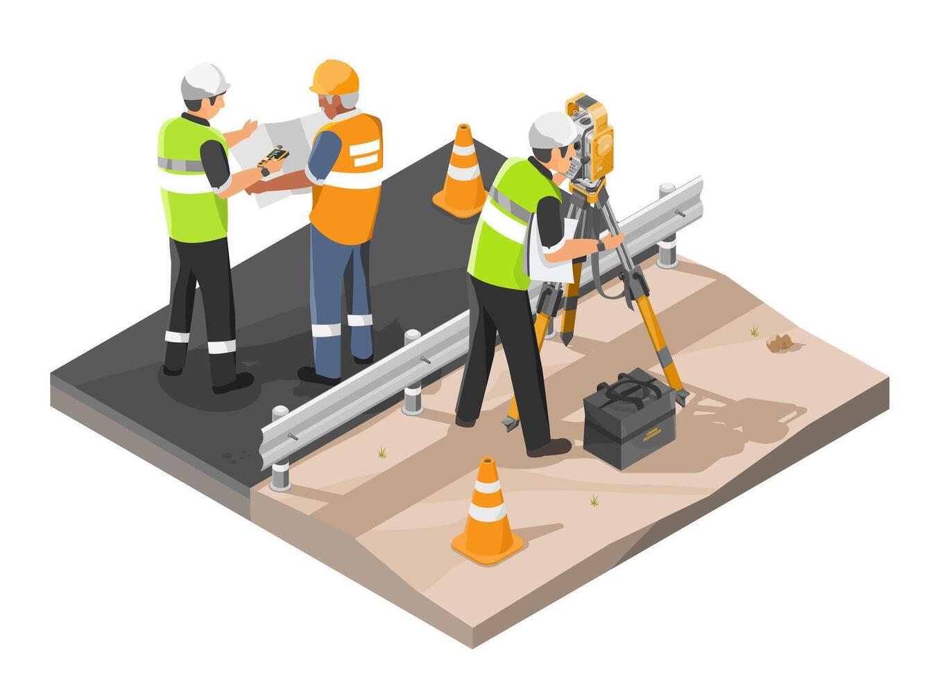 land surveyor civil engineer use theodolite on Road croad construction equipment tool concept isometric isolated on white background vector