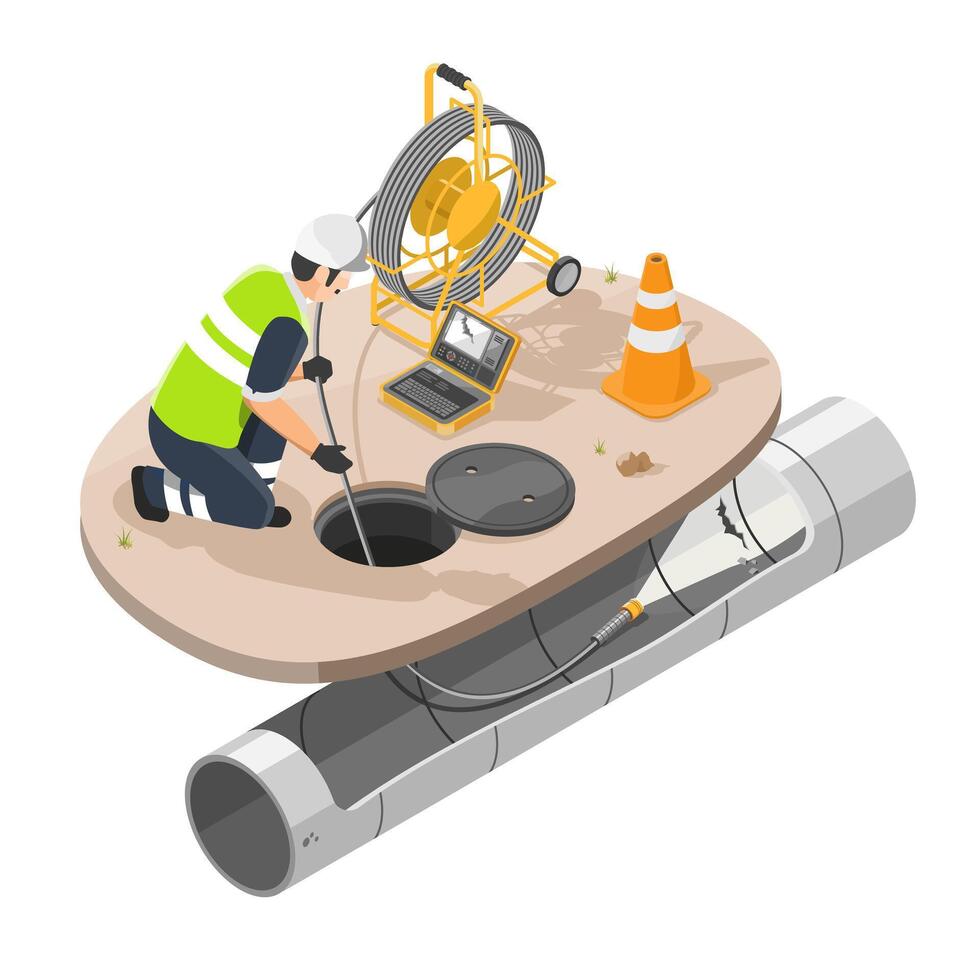 Engineer use Sewer Pipe inspection camera Tools Wastewater constraction site concept isometic isolated illustration vector