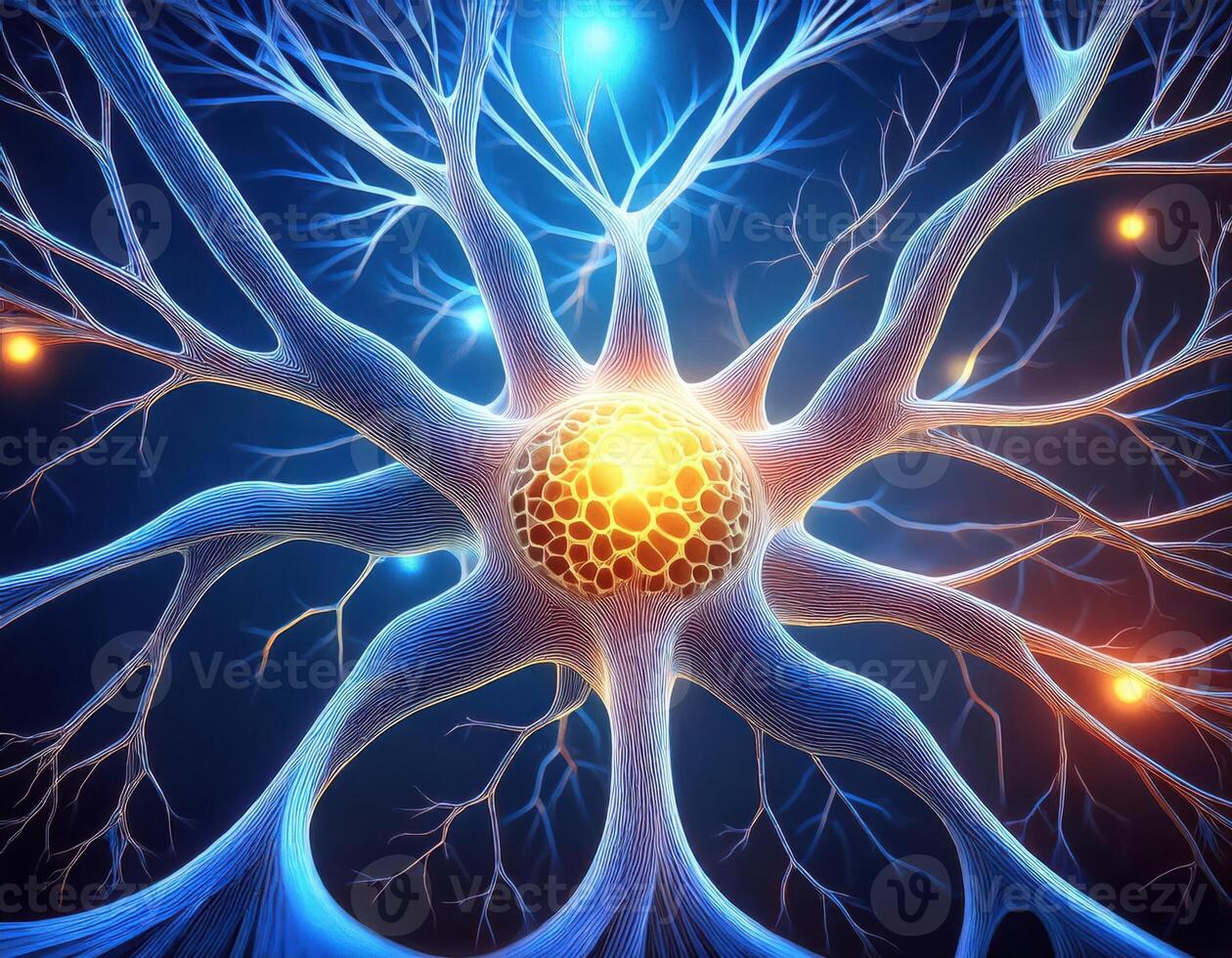 Glowing Neuron Cell Microscopic View photo