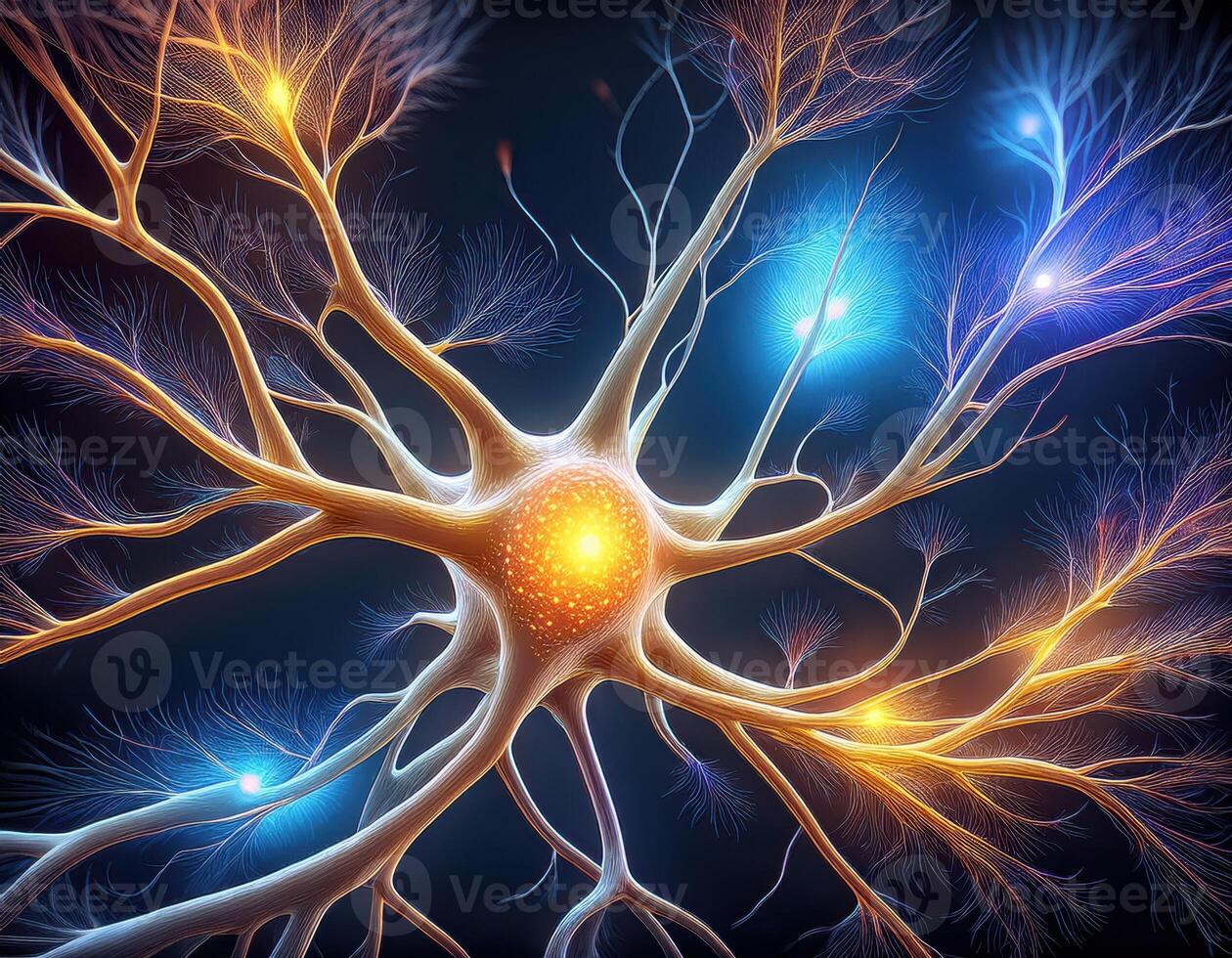 Glowing Neuron Cell Microscopic View photo