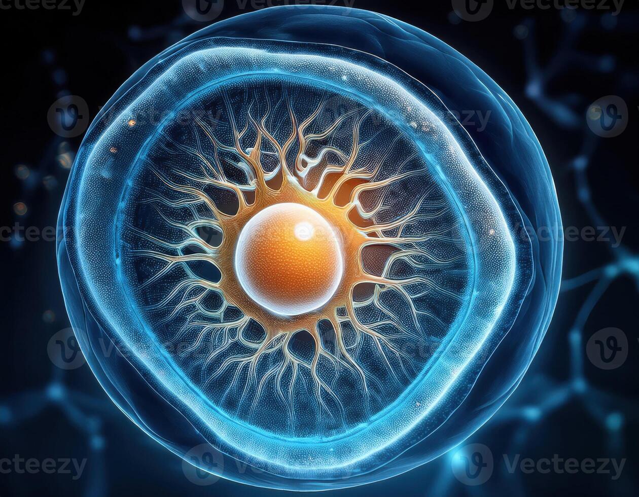 Microscopic Cell Nucleus Glowing Genetic Structure photo