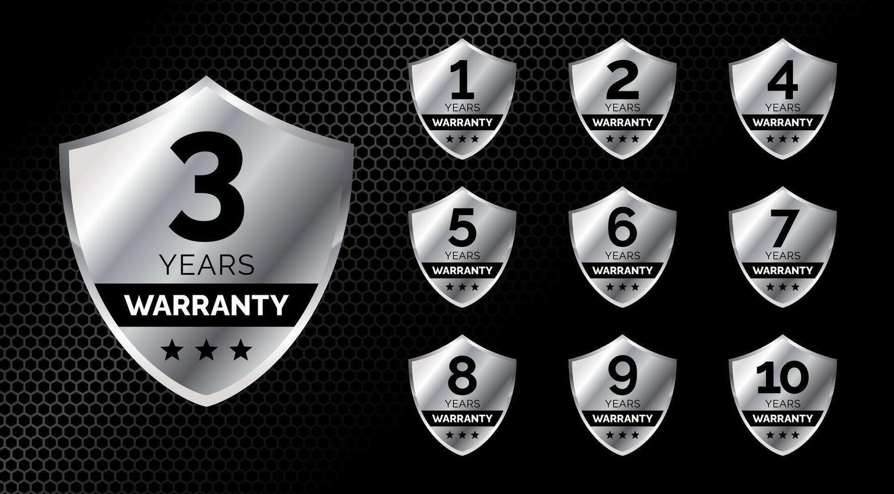 warranty shield silver label icon set. number of years 3, 1, 2, 3, 4, 5, 6, 7, 8, 9, 10. EPS 10 vector