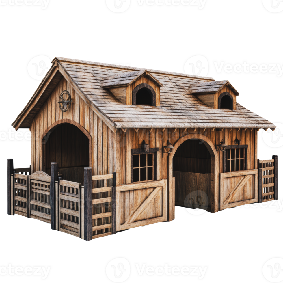 Rustic wooden barn with fencing in sunny landscape png
