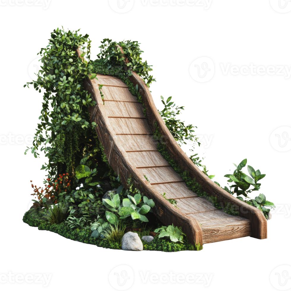 Natural wooden slide in a lush garden setting png