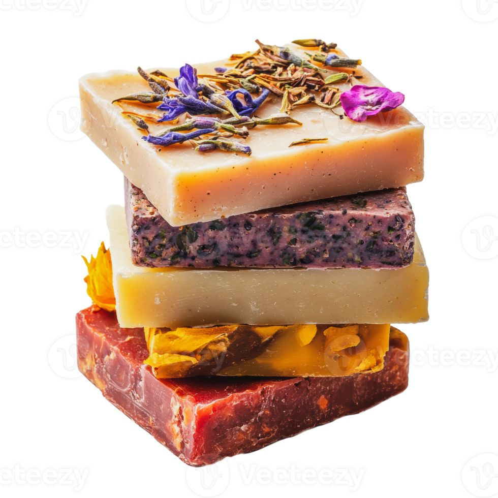 Stacked natural soaps with floral decorations png