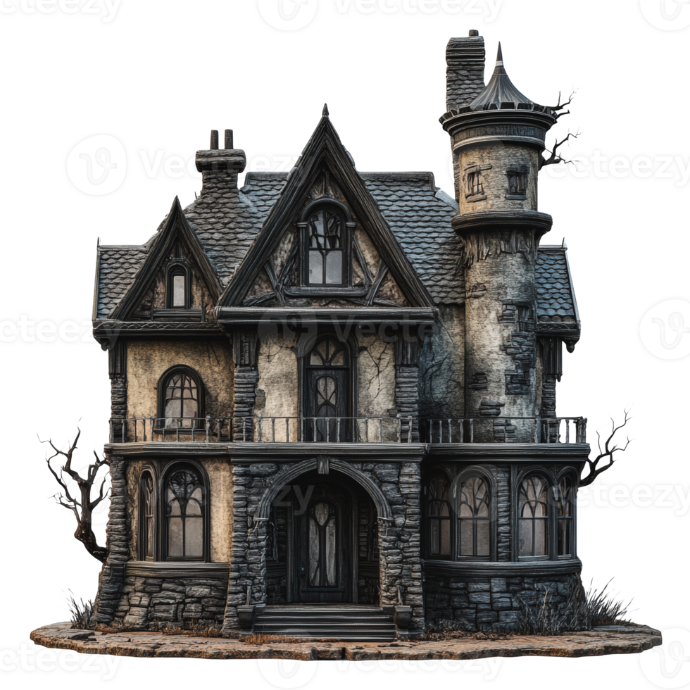 Haunted gothic mansion with twisted trees png