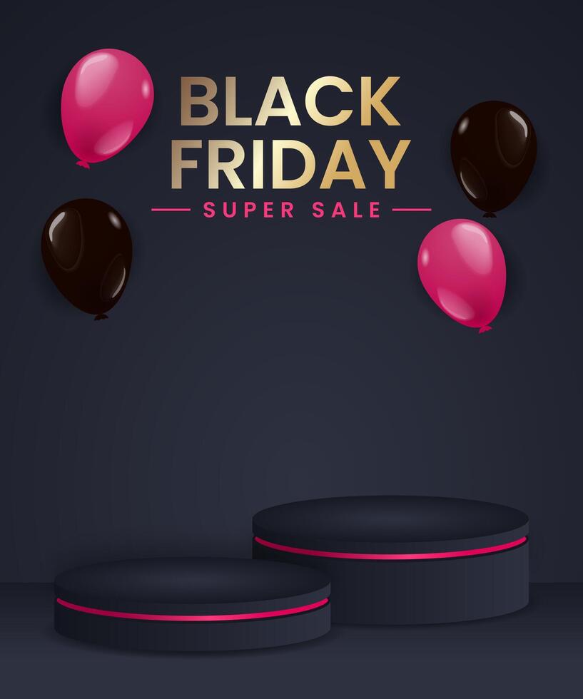Black Friday Sale background with empty circle pedestal for product displays with balloons on dark background vector