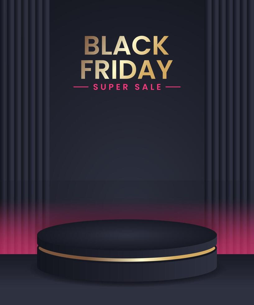 Dark 3D room with set of black and golden realistic cylinder pedestal podium in luxury style. Minimal scene for mockup product display presentation vector