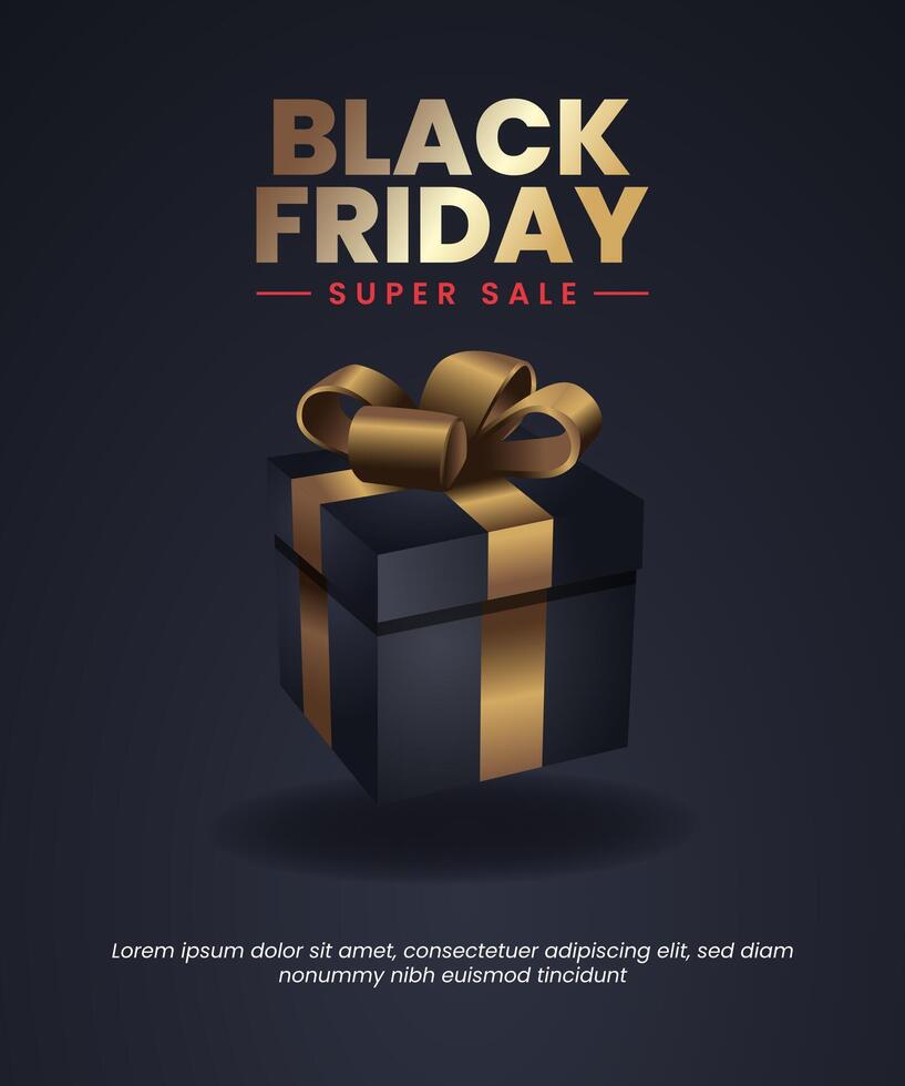 3d black gift box with golden bow for black friday event template banner with luxury style and golden text. vector
