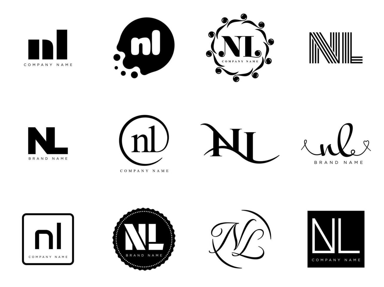 NL logo company template. Letter n and l logotype. Set different classic serif lettering and modern bold text with design elements. Initial font typography. vector